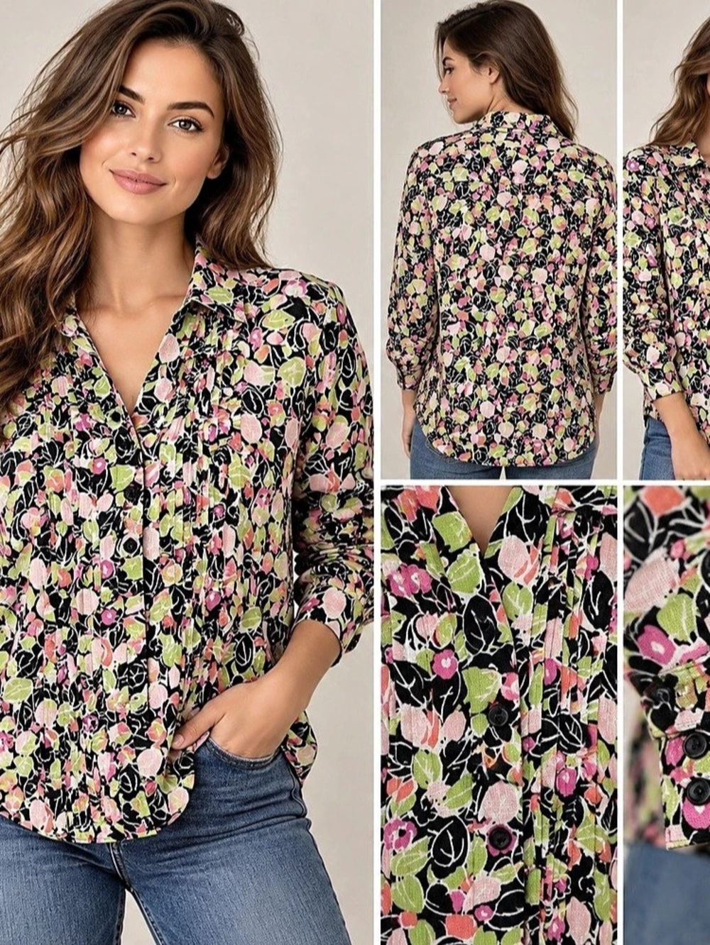 Kim Rogers Floral Button Front Blouse in Black & Pink XL Like New